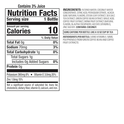 Nutrition facts on Bai Puna Coconut Pineapple bottle highlight low sugar.