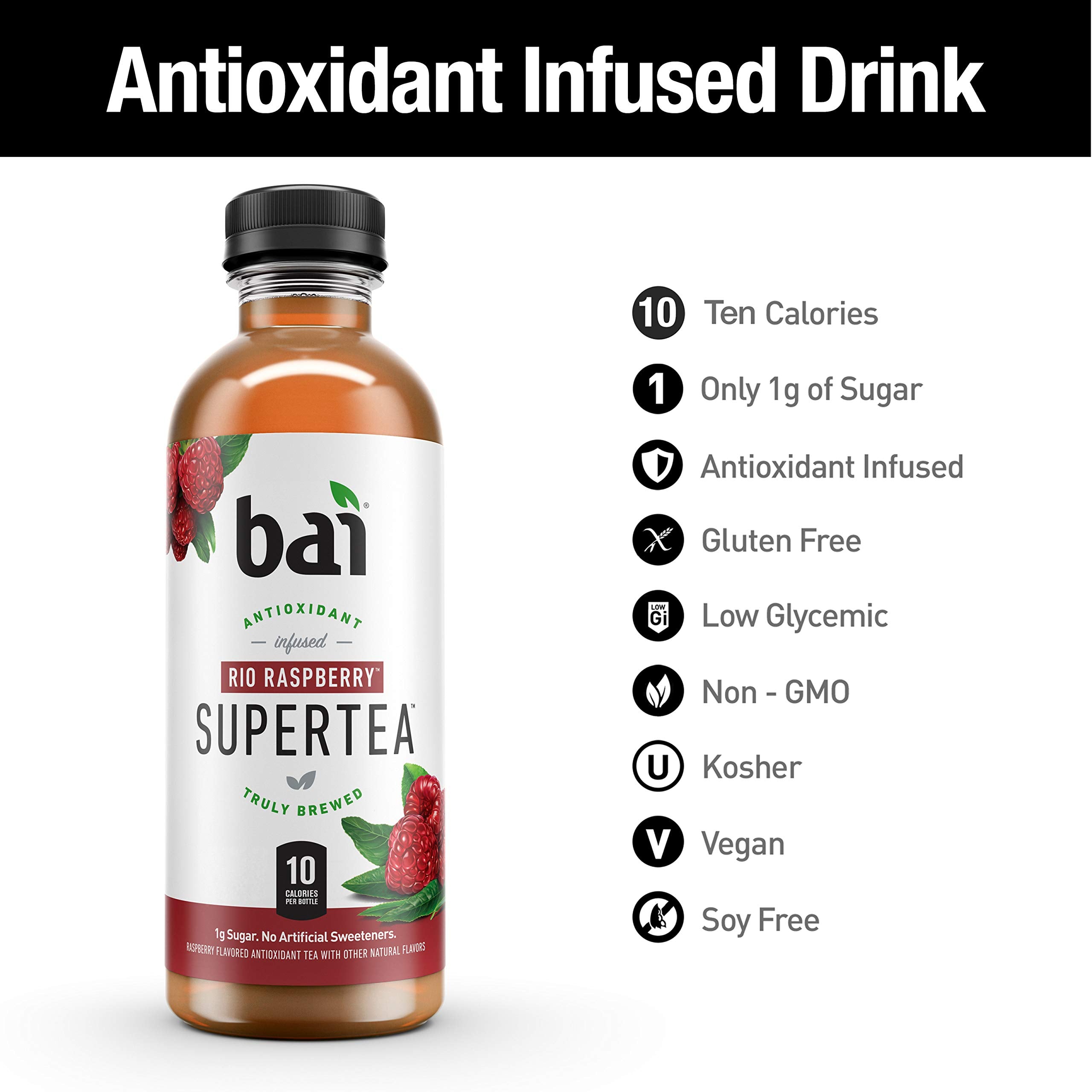 Bai Rio Raspberry label close-up highlights ingredients and caffeine content.