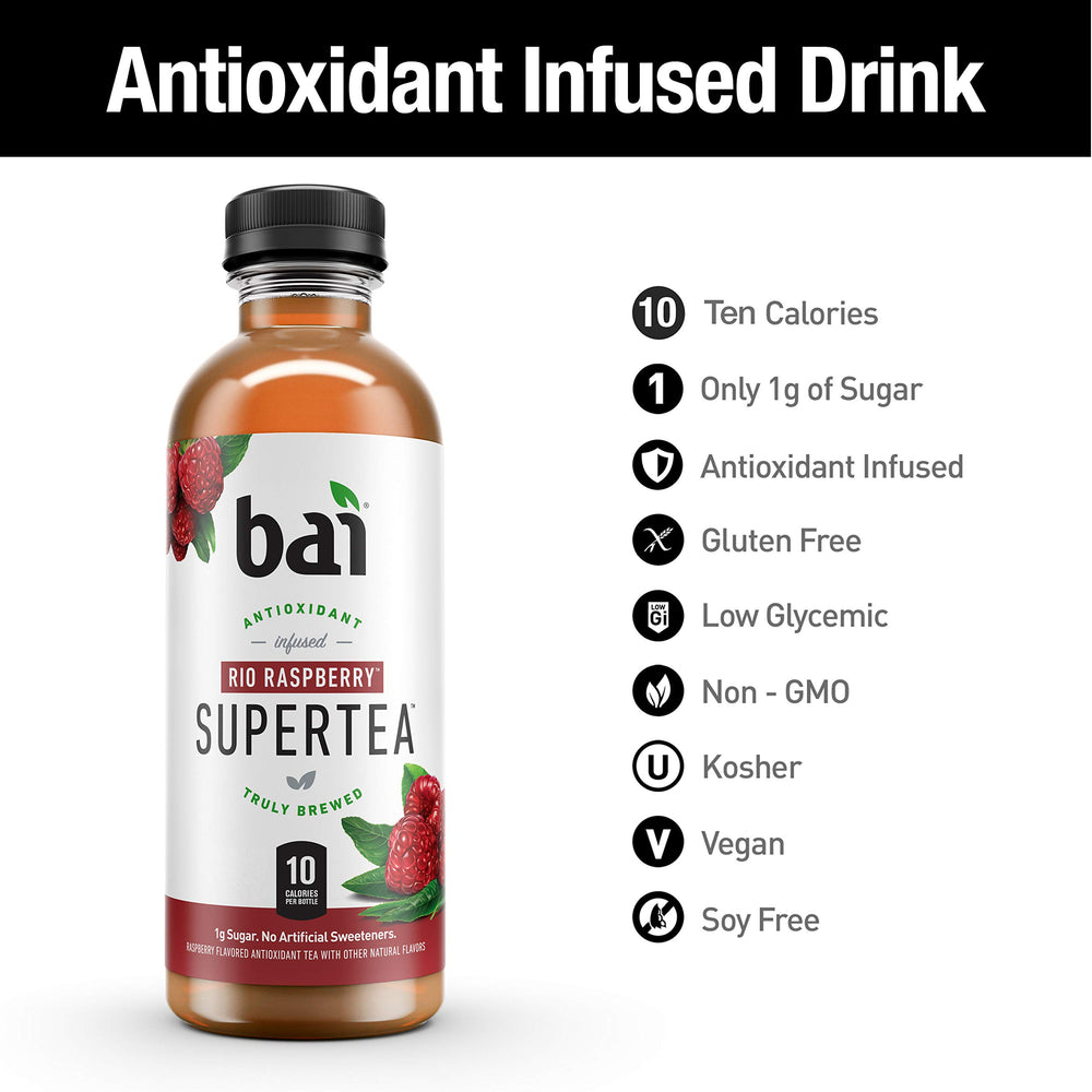 Bai Rio Raspberry label close-up highlights ingredients and caffeine content.