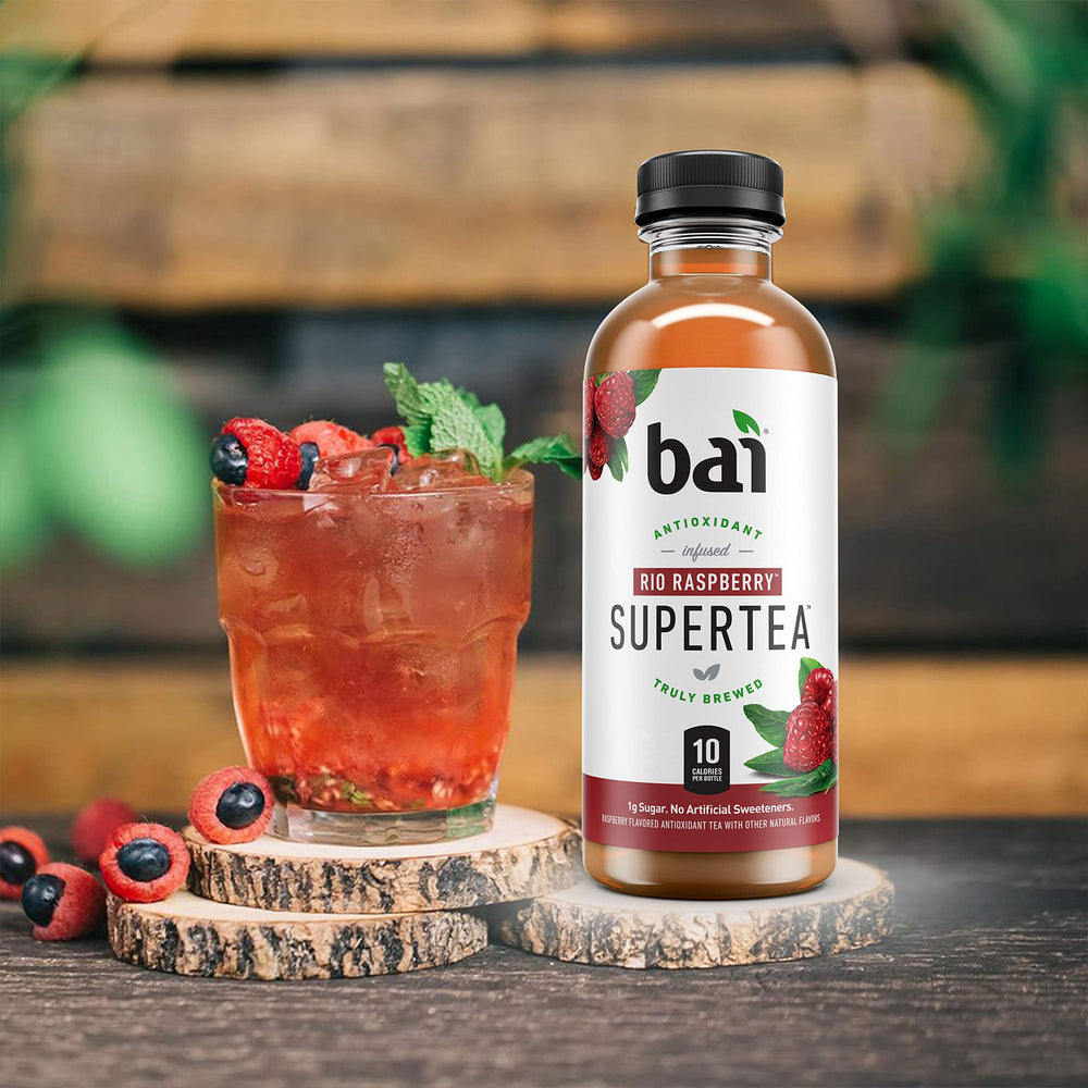 Bai Rio Raspberry nutritional info card emphasizing low calories.