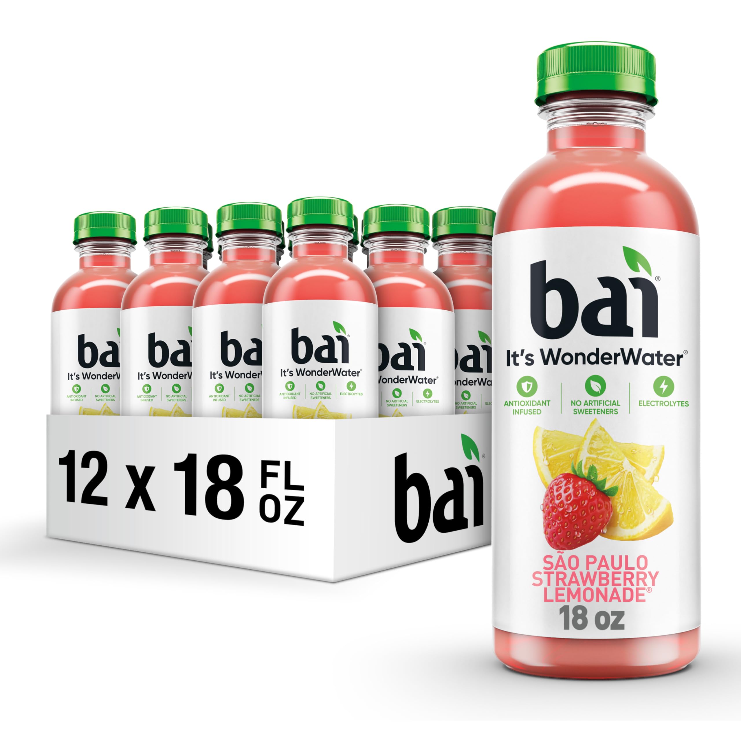 Bai São Paulo Strawberry Lemonade bottle front view with refreshing antioxidant infused hydration.