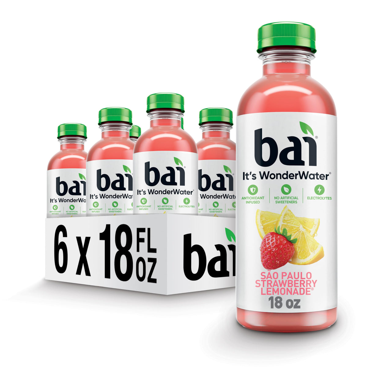 Bai São Paulo Strawberry Lemonade bottle with bold flavor on a bright background.