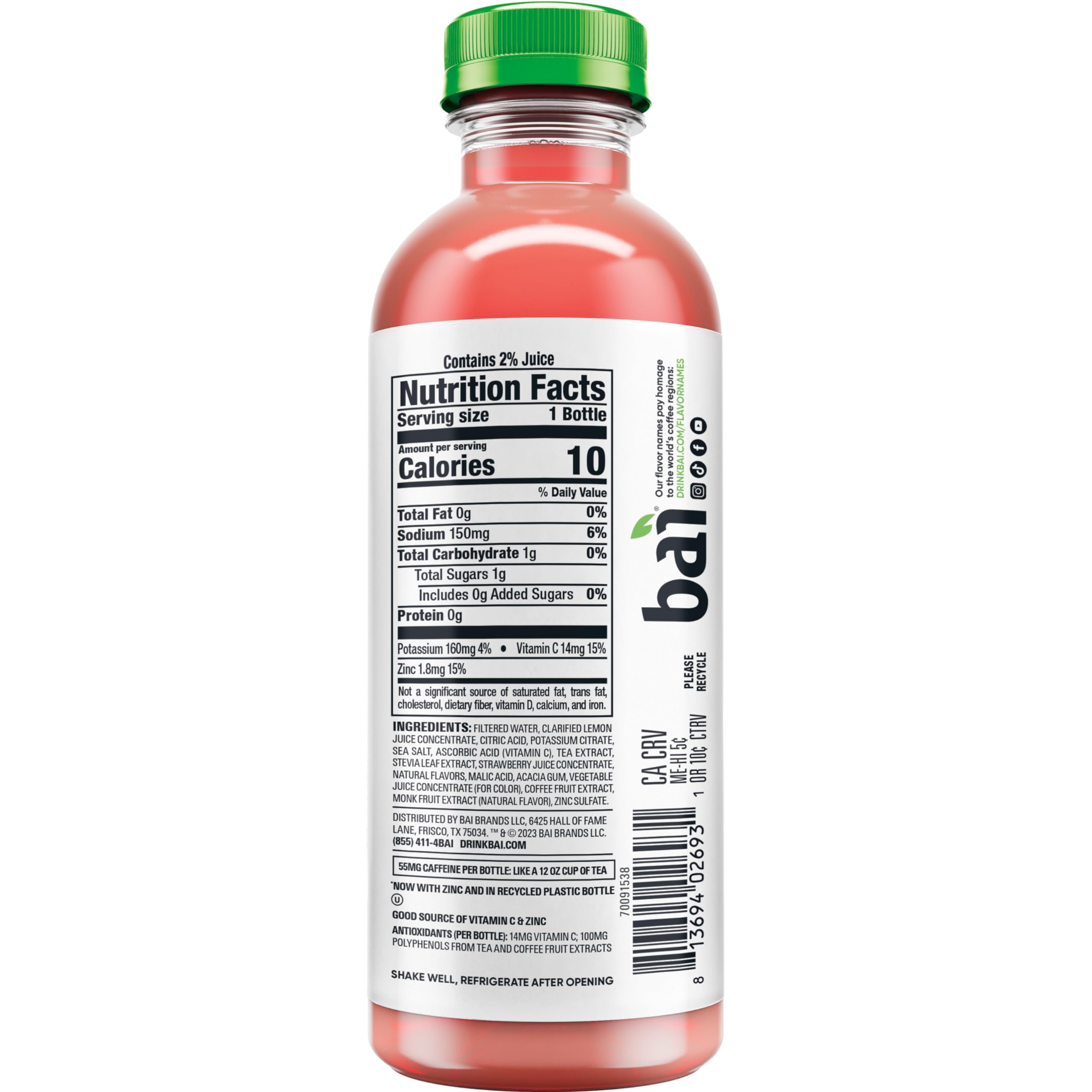 Bai São Paulo Strawberry Lemonade label close-up highlighting the brand and ingredients.