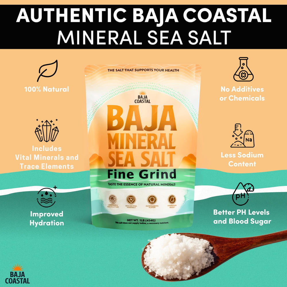Baja Coastal Baja Mineral Sea Salt dispensed from a clear jar for seasoning.