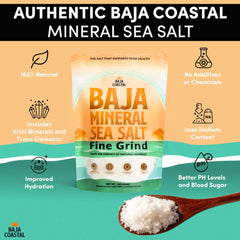Baja Coastal Baja Mineral Sea Salt dispensed from a clear jar for seasoning.