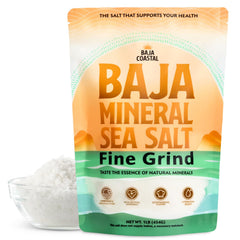 Baja Coastal Baja Mineral Sea Salt fine grain in a jar for everyday cooking.
