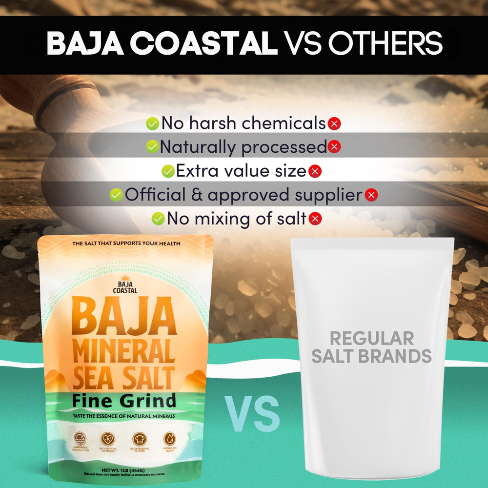 Baja Coastal Baja Mineral Sea Salt fine grains ideal for grinding at the table.