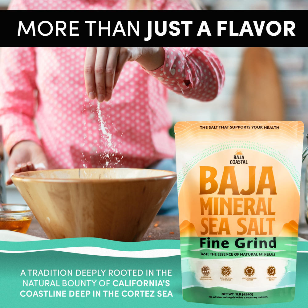 Baja Coastal Baja Mineral Sea Salt in a kitchen setup ready for plated dishes.