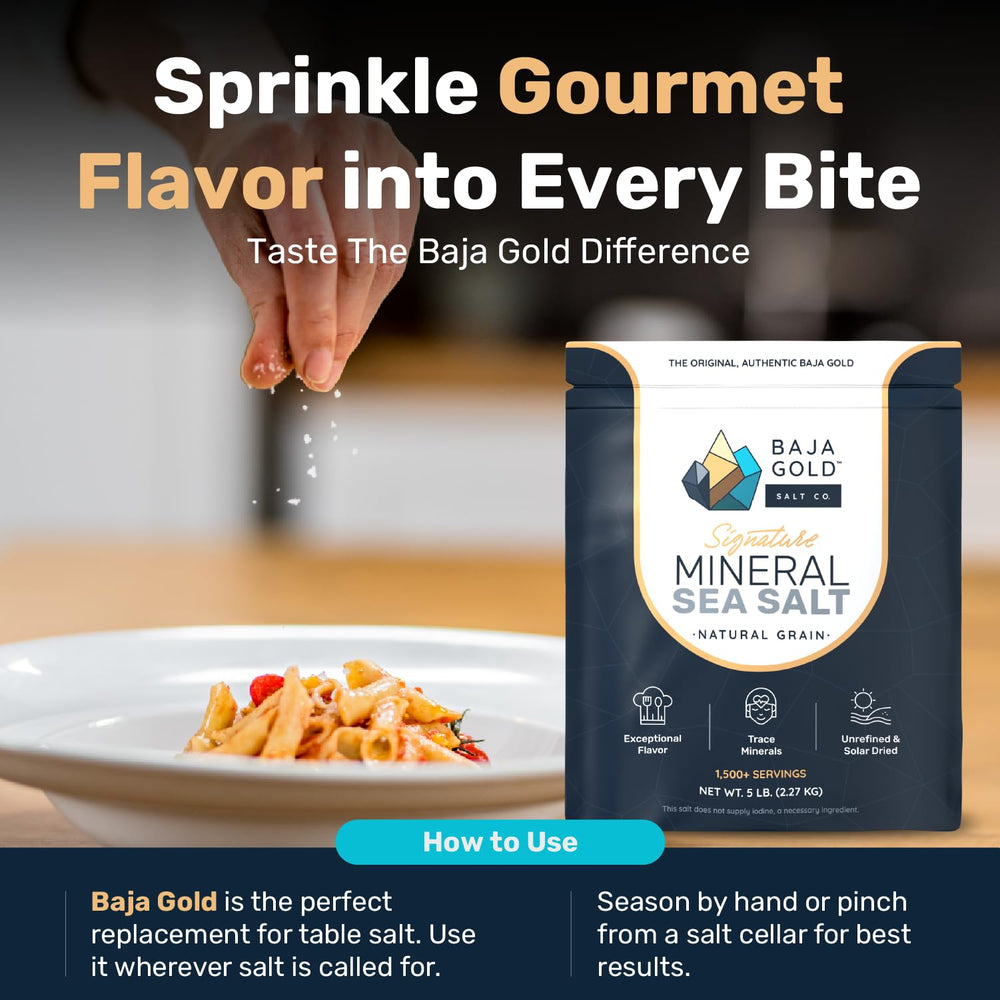 Baja Gold Signature Mineral Sea Salt crystals in pan for searing flavor