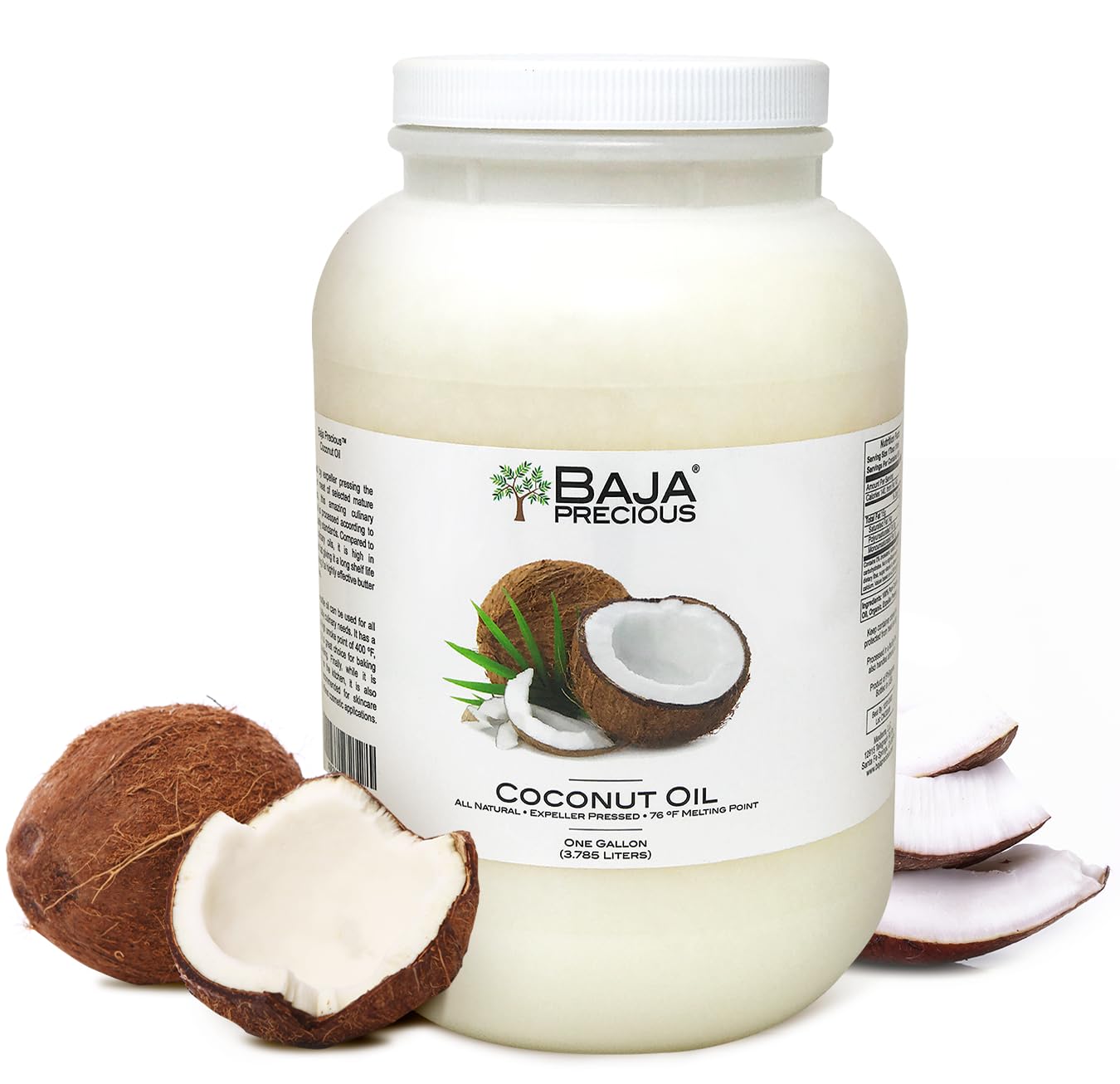 Baja Precious Coconut Oil 1 gallon bottle, ideal for bulk cooking and DIY beauty uses.
