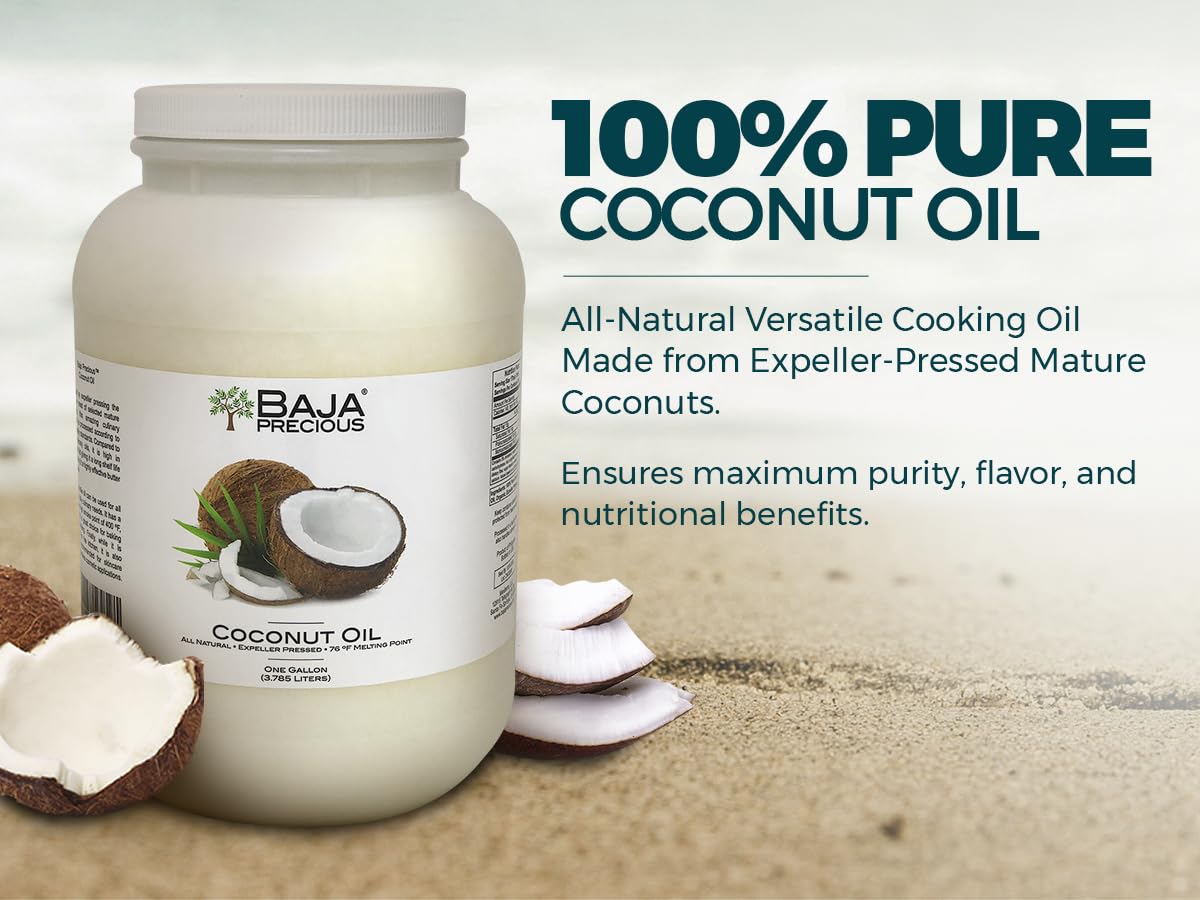 Baja Precious coconut oil pour showing a smooth liquid for cooking and skincare.