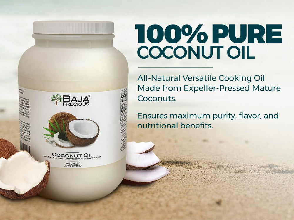 Baja Precious coconut oil pour showing a smooth liquid for cooking and skincare.