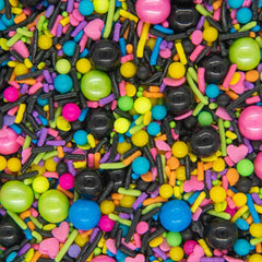BakeBright Disco Darling neon pink and blue sprinkles in a clear jar for cake decorating