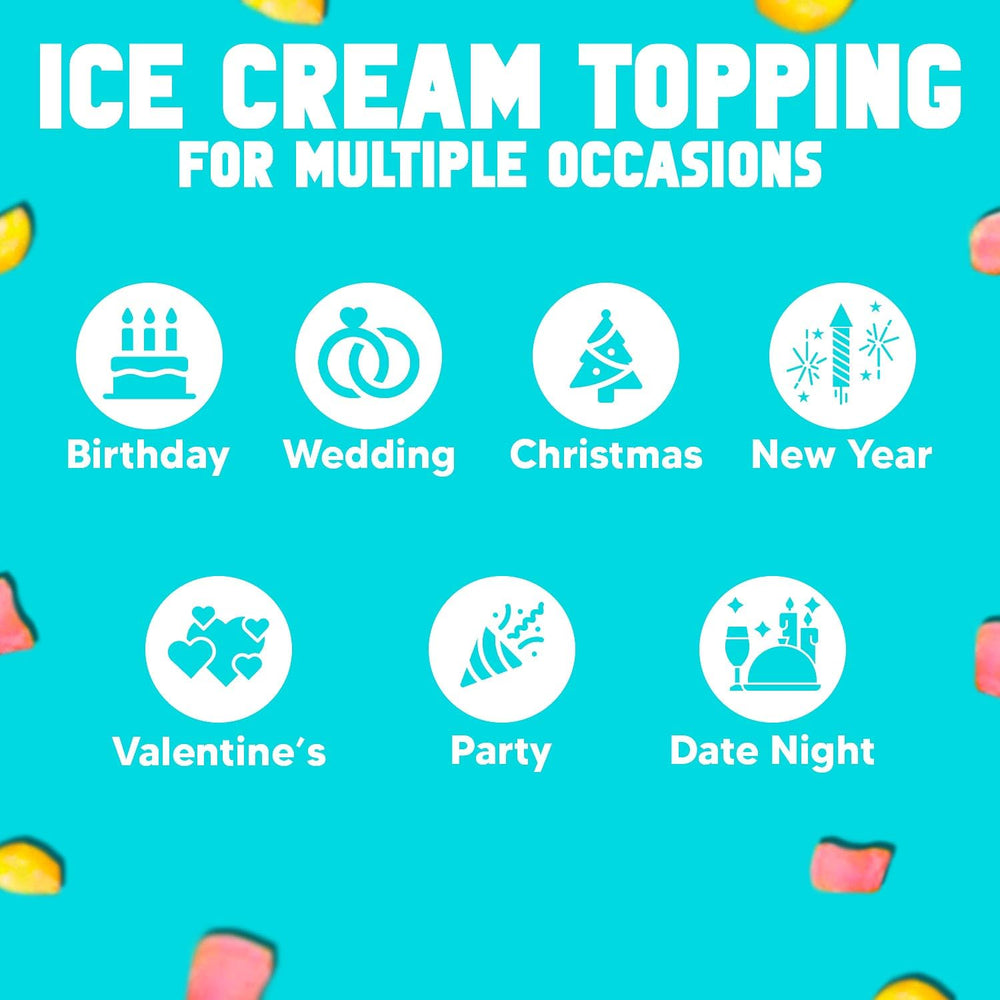 BakeBright Gum-Friendly Crunch Topping stays neat on scoops for kid friendly decorations
