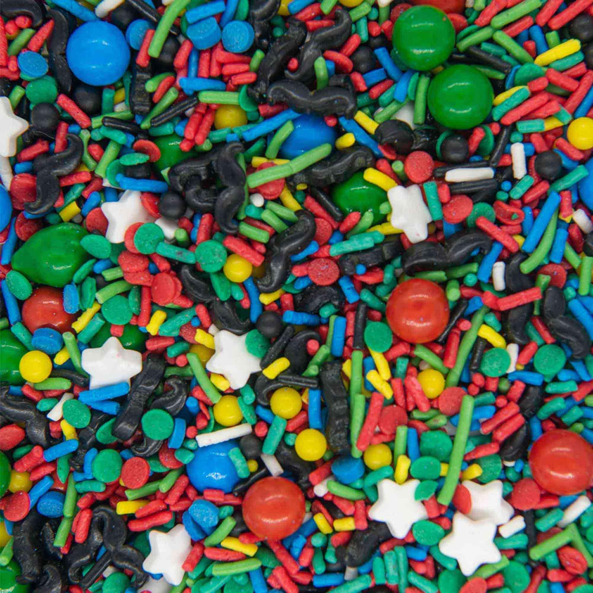 BakeBright Level Up Sprinkles in a 4oz container for vibrant Mario-themed cakes.