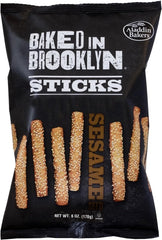 Baked in Brooklyn sesame breadsticks packshot showing crispy versatility for snacking