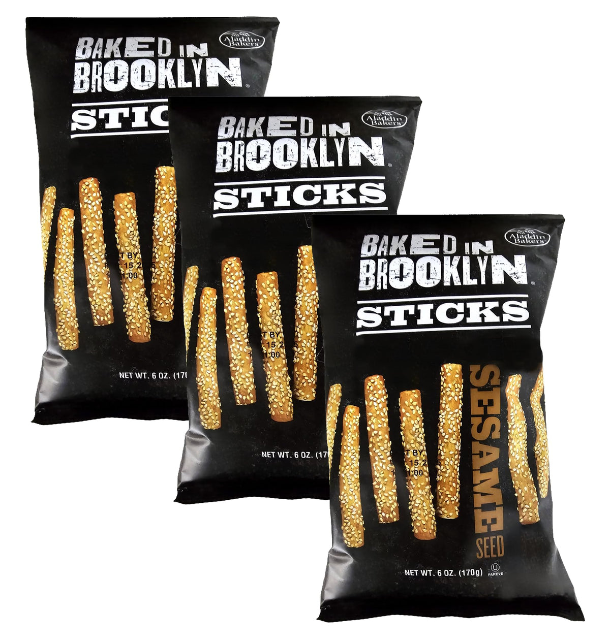 Baked in Brooklyn sesame sticks close-up; crispy snack for dipping.