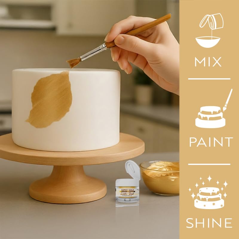 Bakell Luster Dust Super Gold close-up shows micro-fine shimmer on desserts
