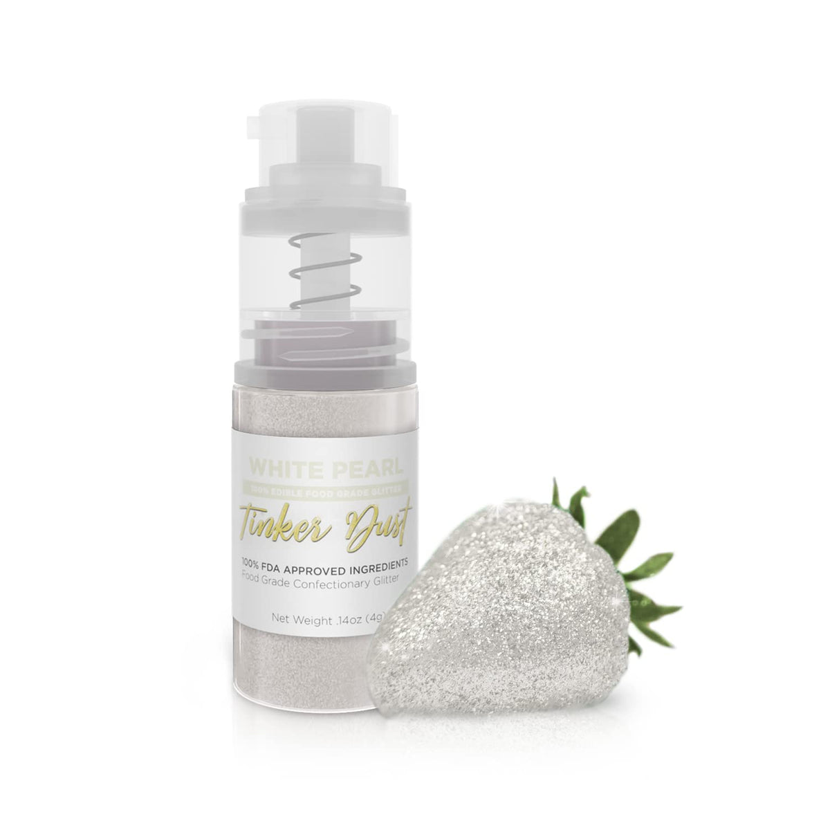 Bakell White Tinker Dust bottle with mini spray pump for precise dessert sparkle.