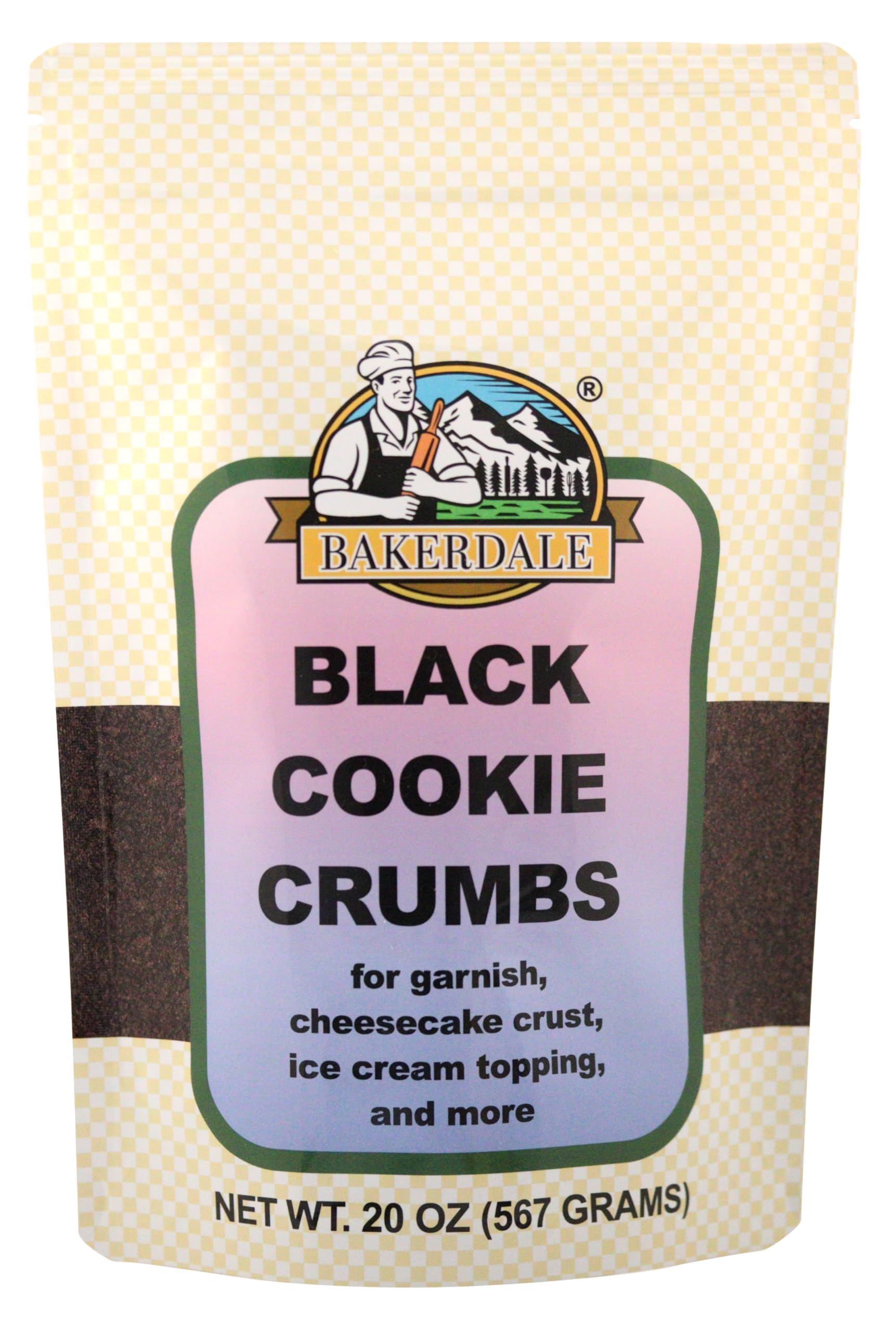 Bakerdale Black Cookie Crumbs packaging showing versatile crusts and toppings.