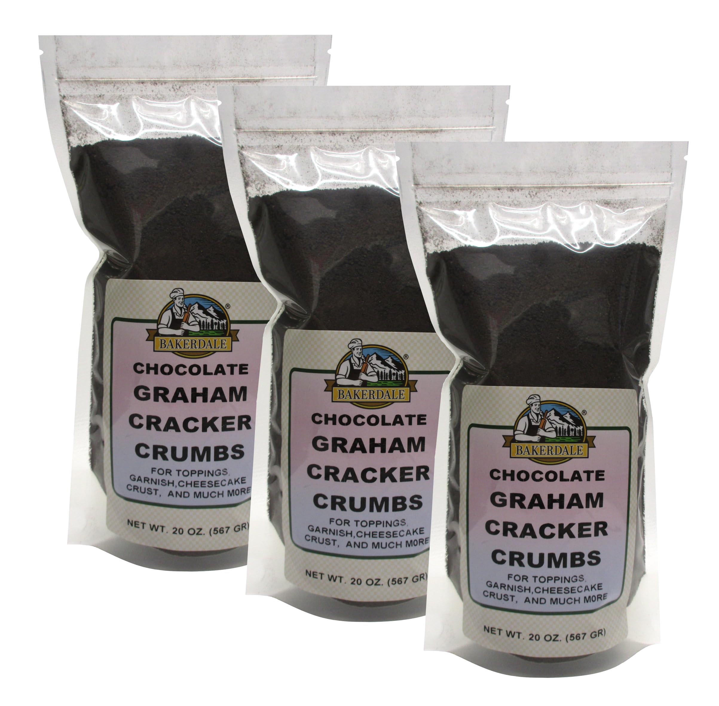 Bakerdale chocolate graham cracker crumbs in resealable bag for easy freshness