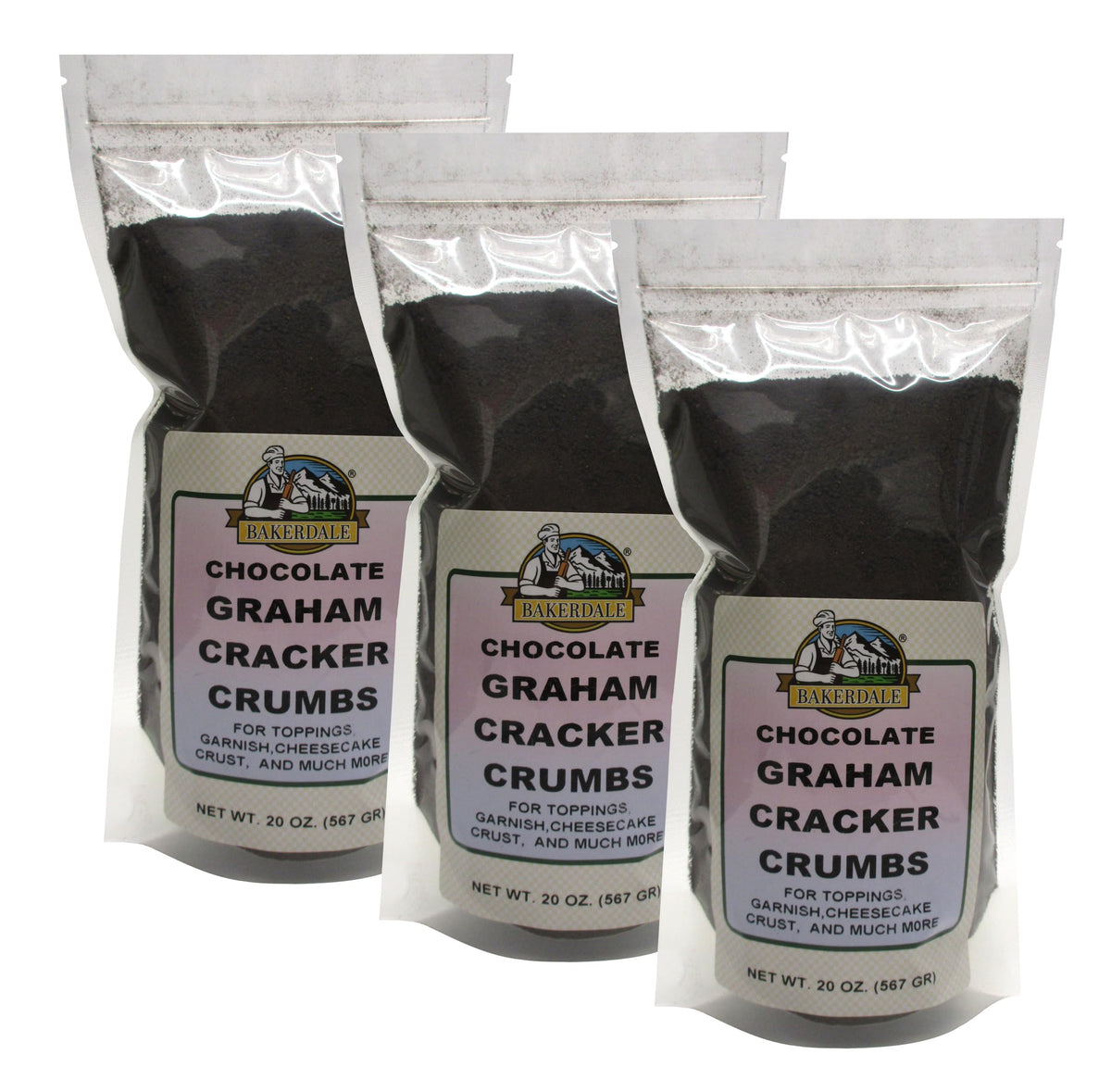 Bakerdale chocolate graham cracker crumbs in resealable bag for easy freshness
