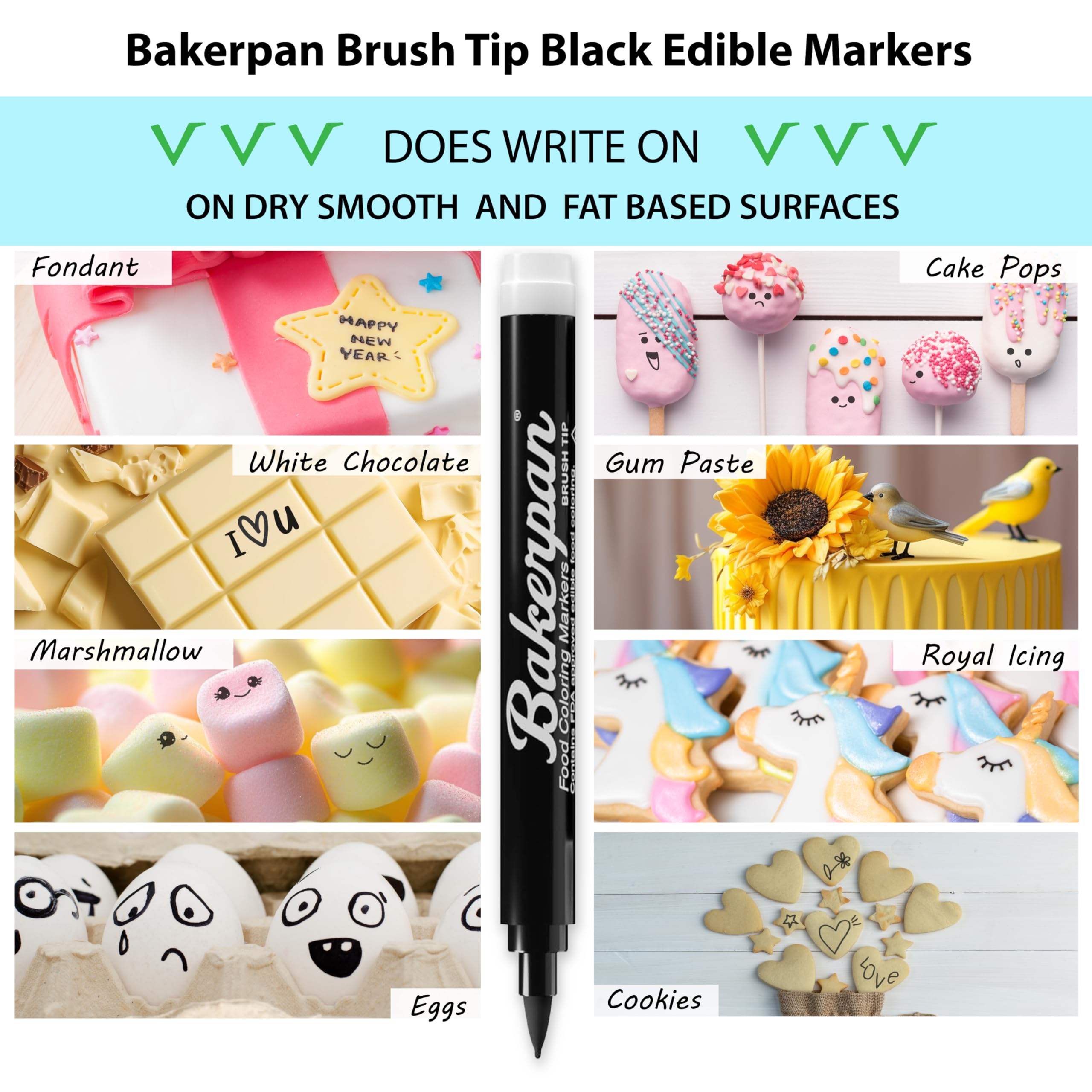 Bakerpan edible markers write on candy melts, enabling clean labels and creative designs.