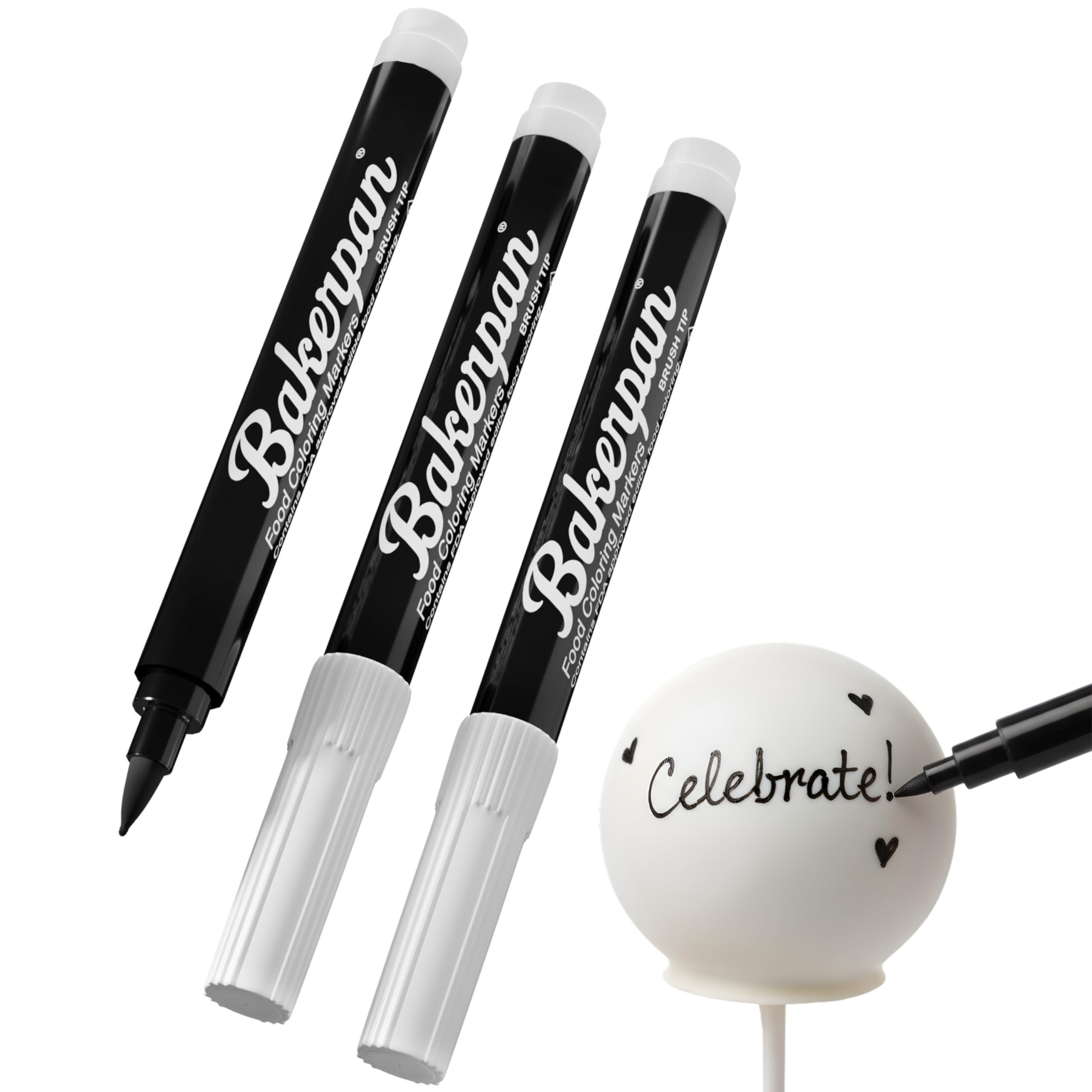 Bakerpan edible markers with a brush-tip in black for precise cake pop decoration.