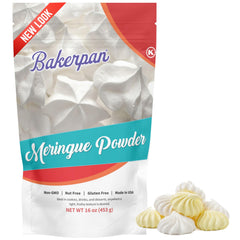 Bakerpan meringue powder packaging close-up on a 16-ounce jar for reliable baking.