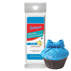 Bakerpan Premium fondant packaging highlights USA-made vanilla-flavored fondant for easy use.