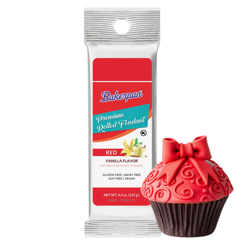 Bakerpan Premium Rolled Red Fondant front view for versatile cake decorating and vanilla flavor