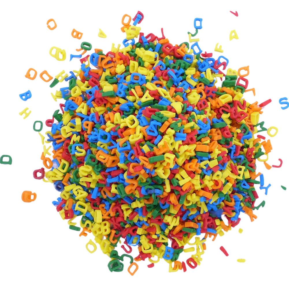 Bakerpan Quins sprinkles provide ABC shapes for cookies and cakes, ideal for themed parties