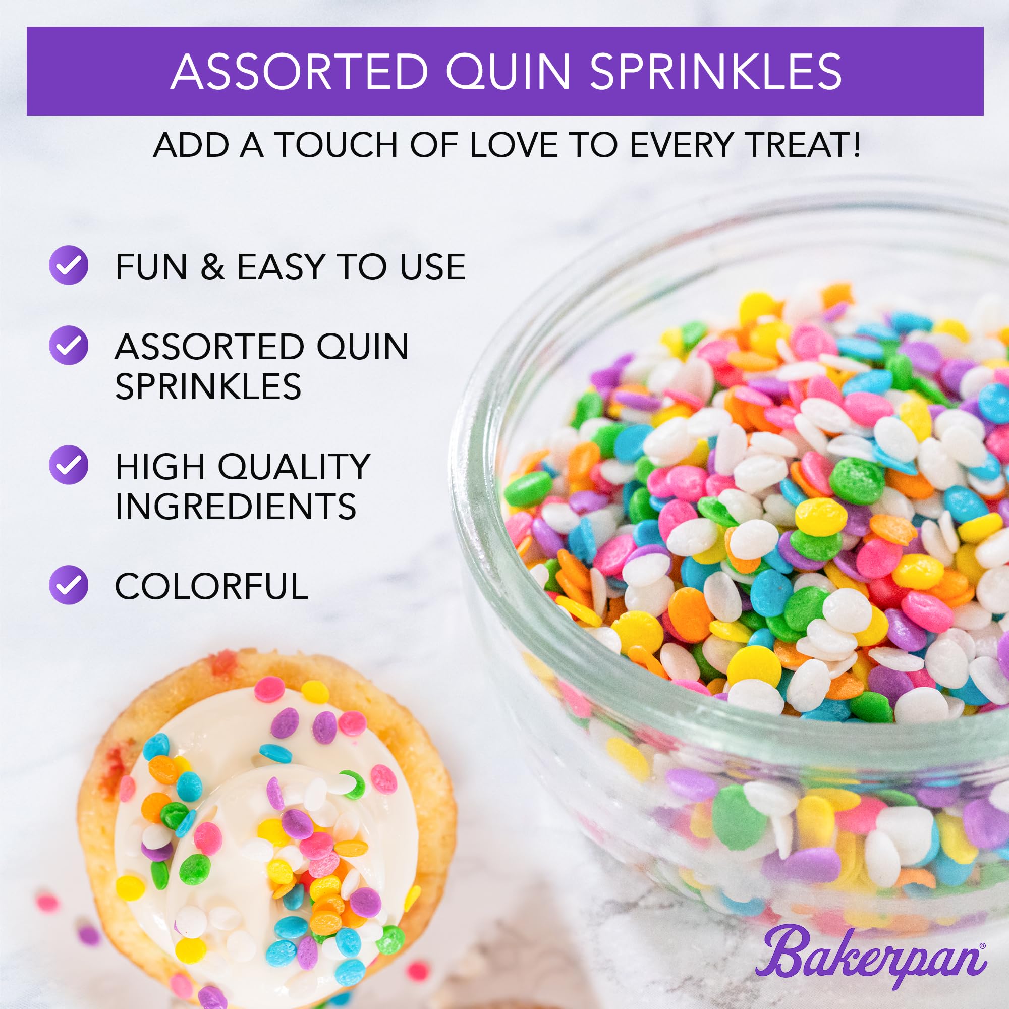 Bakerpan Quins alphabet sprinkles on cupcakes for bright party treats