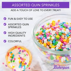 Bakerpan Quins alphabet sprinkles on cupcakes for bright party treats