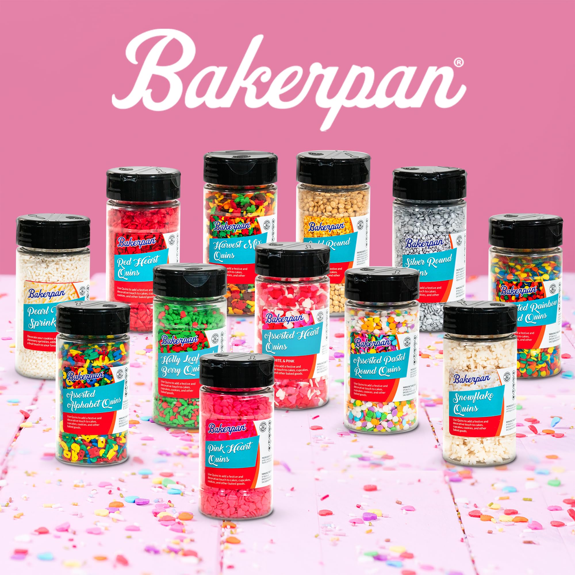 Bakerpan Heart sprinkles for dessert favors enhance party tables.