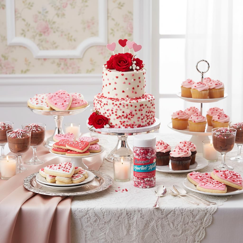 Bakerpan Valentines Sprinkles for Cookies brighten cookies with colorful heart accents.