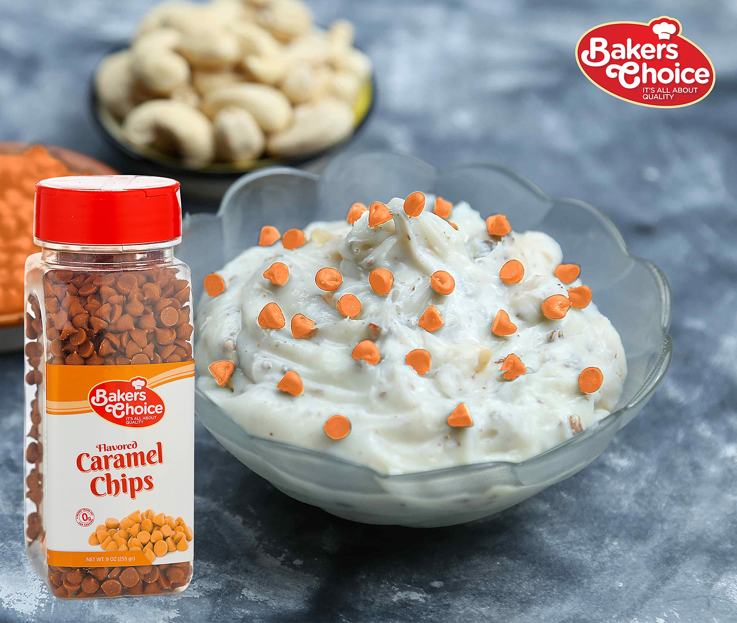9 oz container of Baker's Choice caramel chips preserves freshness for desserts.
