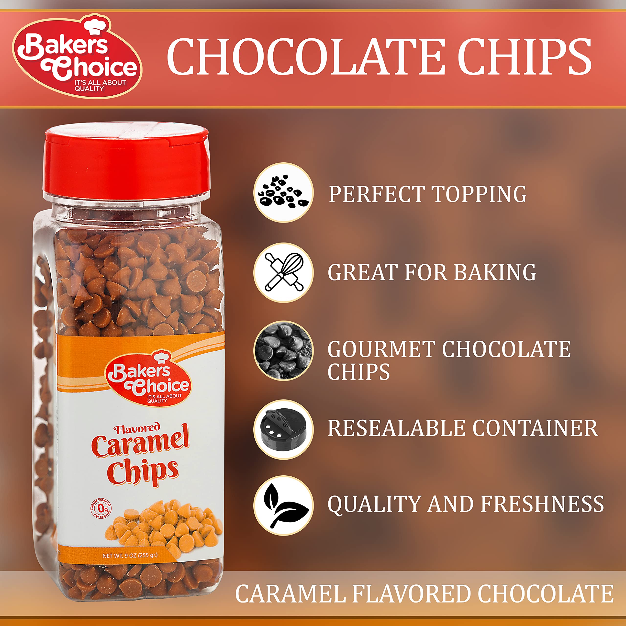 Baker's Choice caramel chips labeled kosher and non-dairy for dairy-free baking.