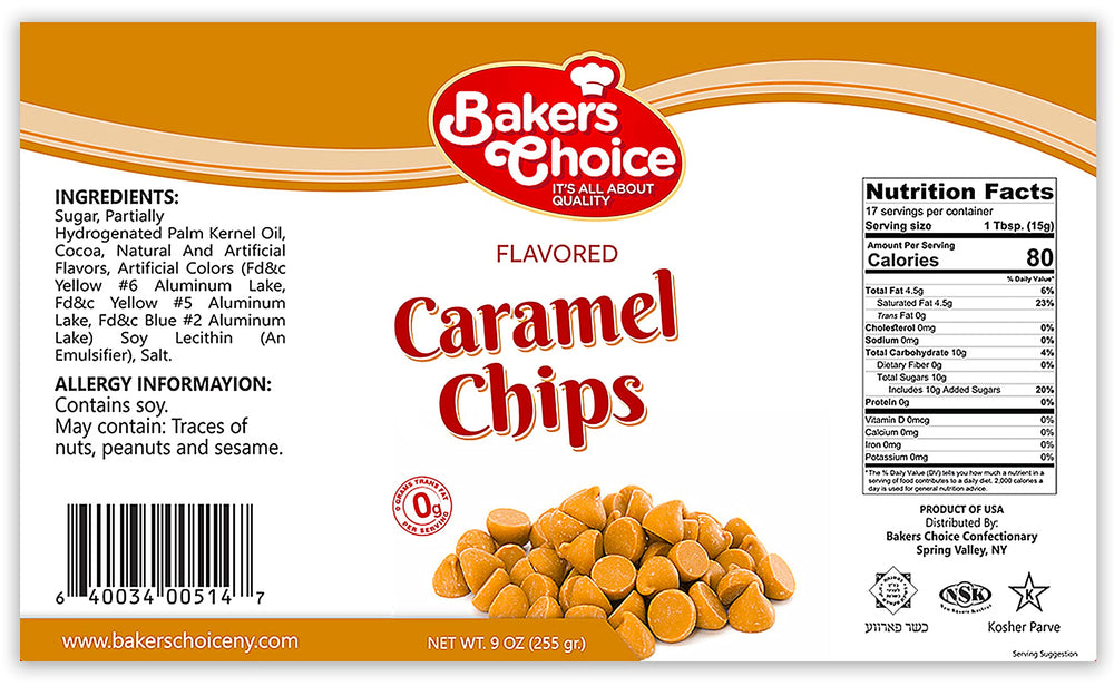 Chips melting in sauce, Baker's Choice caramel chocolate for toppings.