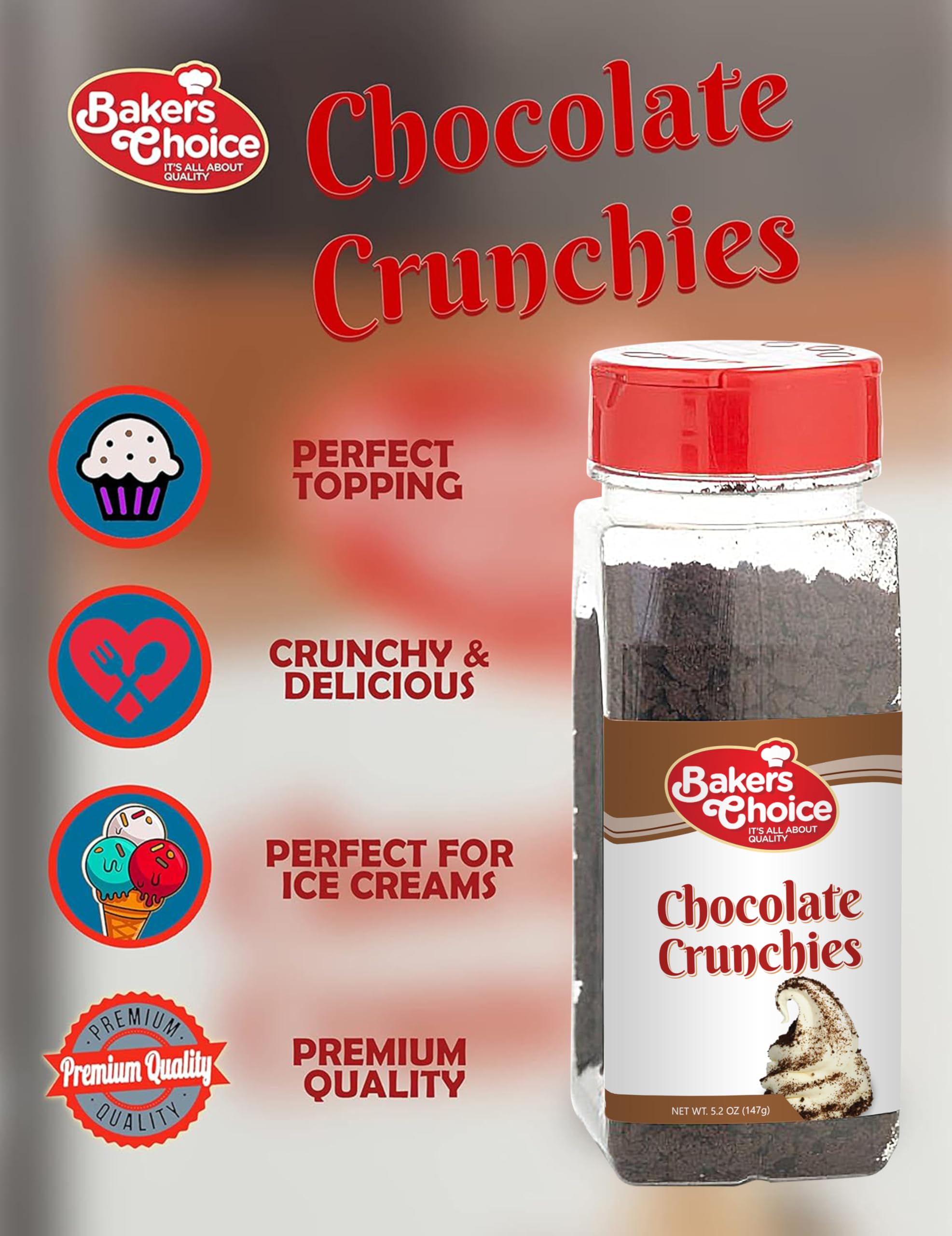 Baker's Choice Chocolate Crunch Topping close-up shows crisp chocolate bits.