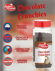 Baker's Choice Chocolate Crunch Topping close-up shows crisp chocolate bits.