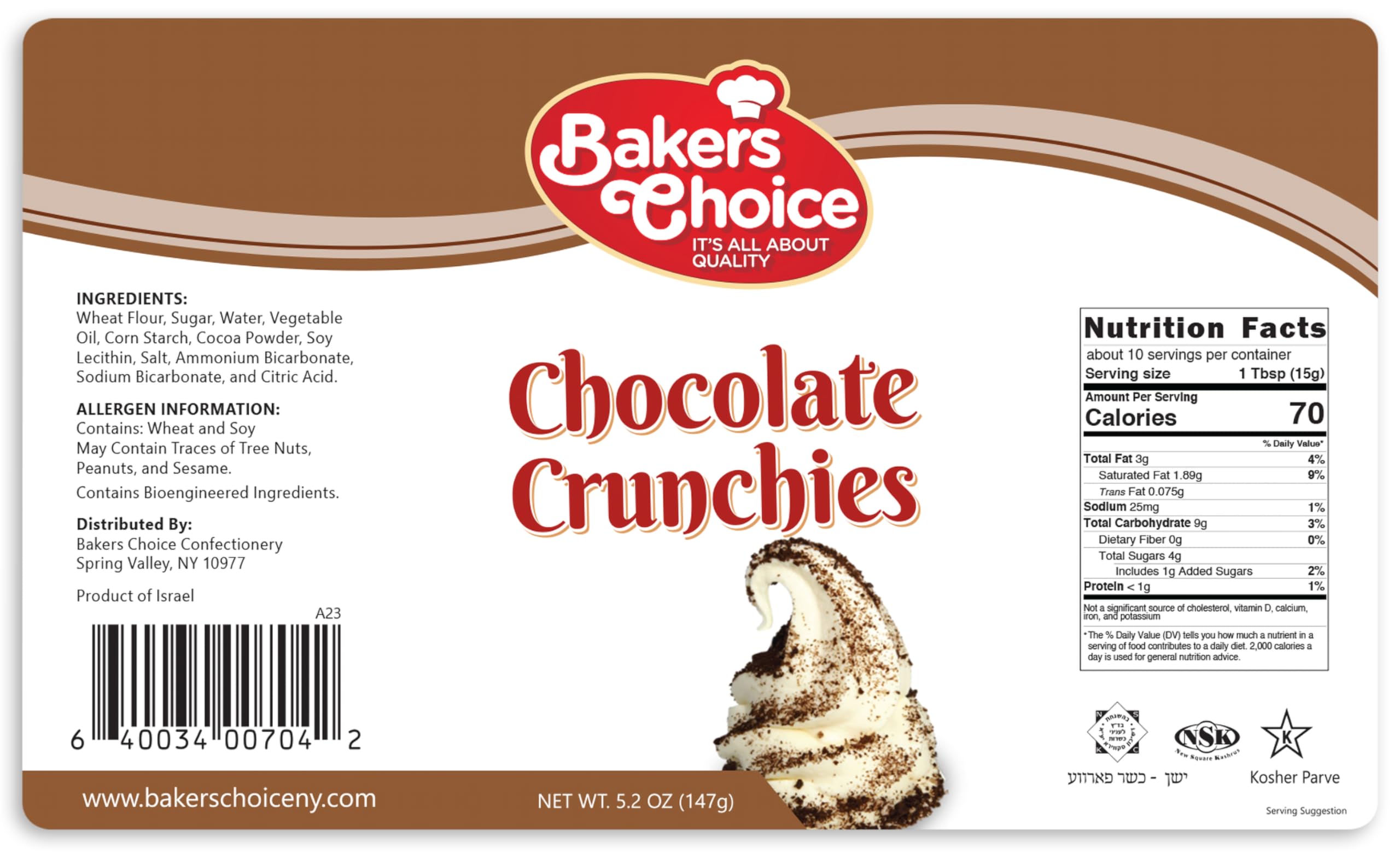 Baker's Choice Chocolate Crunch Topping on a chocolate sundae for extra crunch.