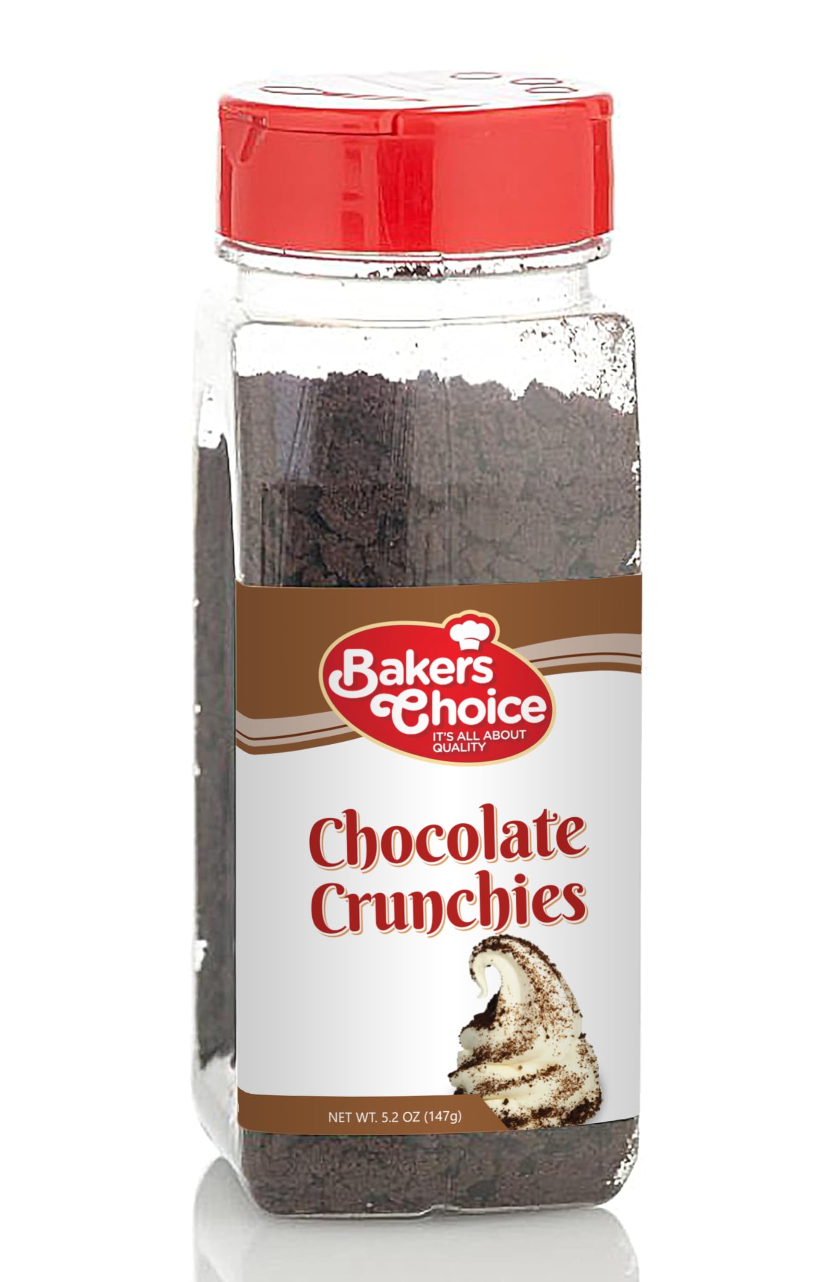 Baker's Choice Chocolate Crunch Topping packaging with reseal lid for fresh flavor.