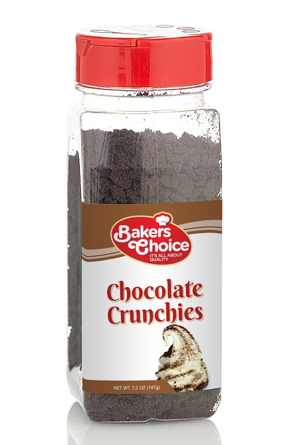 Baker's Choice Chocolate Crunch Topping packaging with reseal lid for fresh flavor.