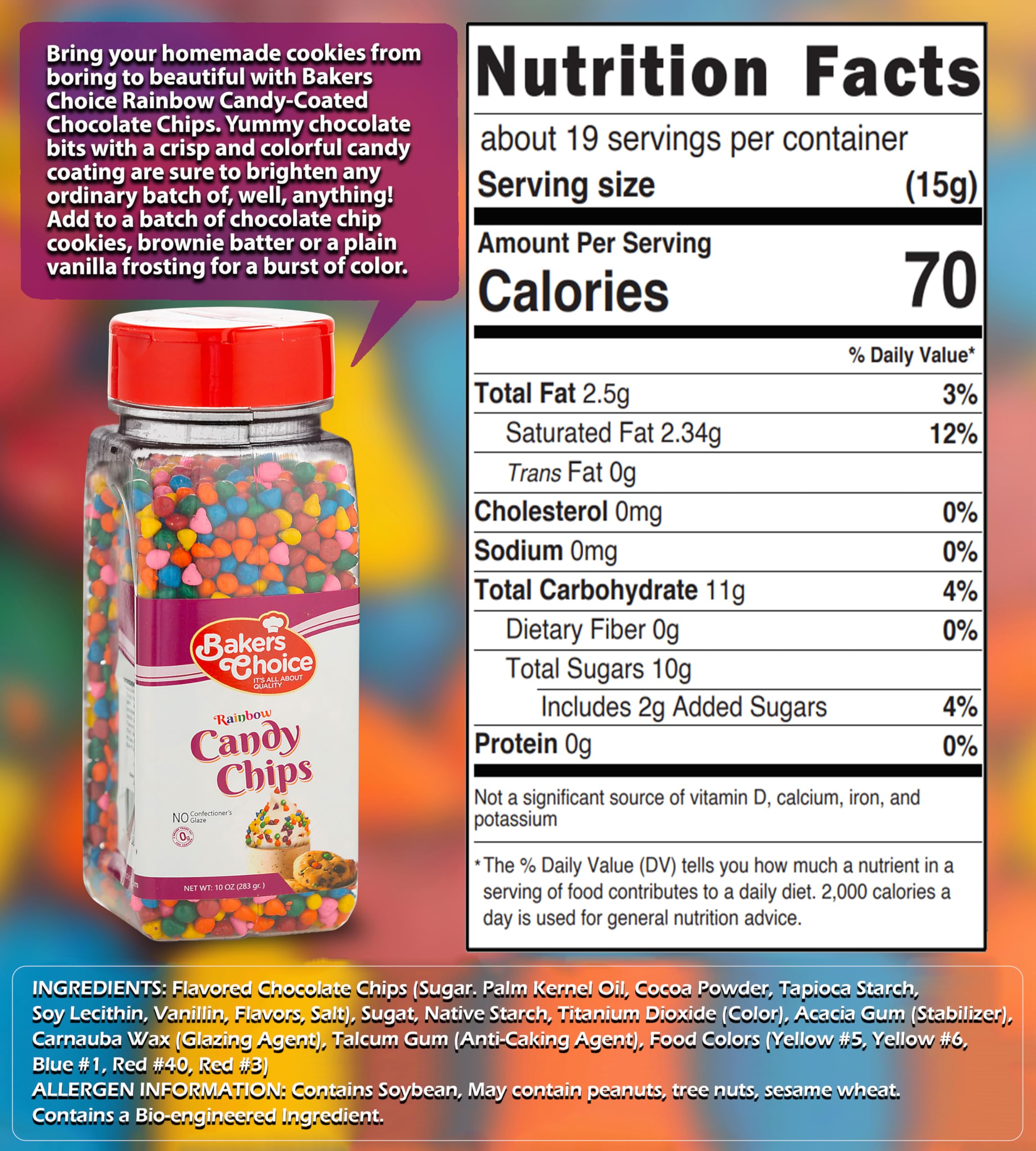 Close-up of vibrant rainbow candy coating on dairy-free chocolate chips.