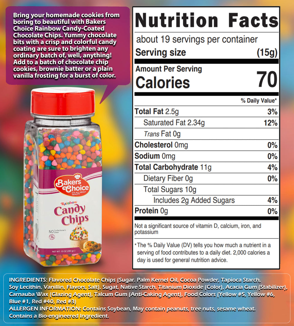 Close-up of vibrant rainbow candy coating on dairy-free chocolate chips.