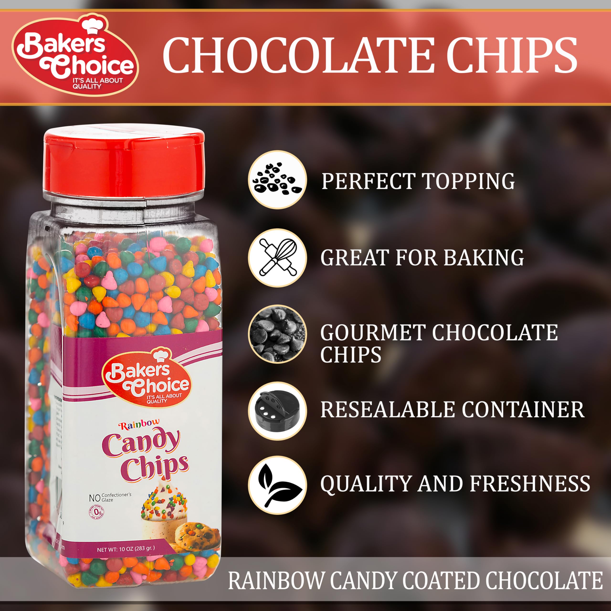 Scoops of rainbow chips on ice cream for a festive sundae.