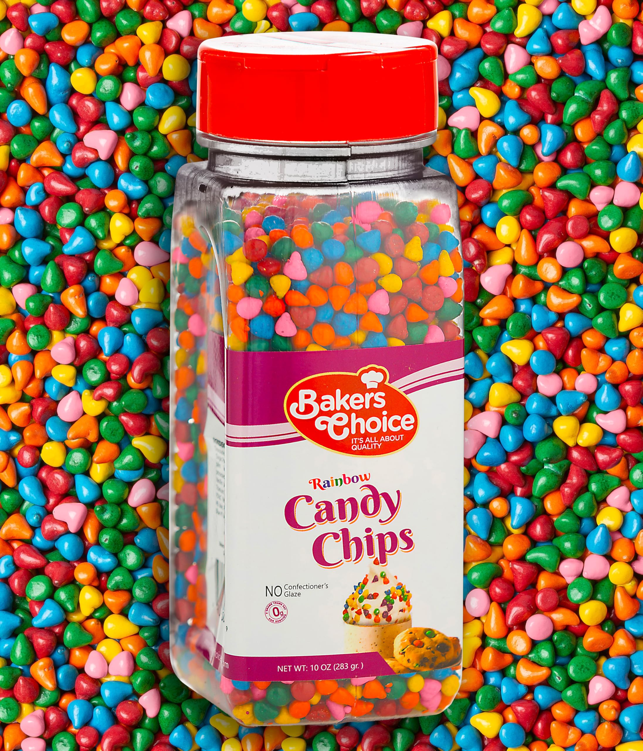 Baker's Choice rainbow candy coated chips in a baking-ready pack.