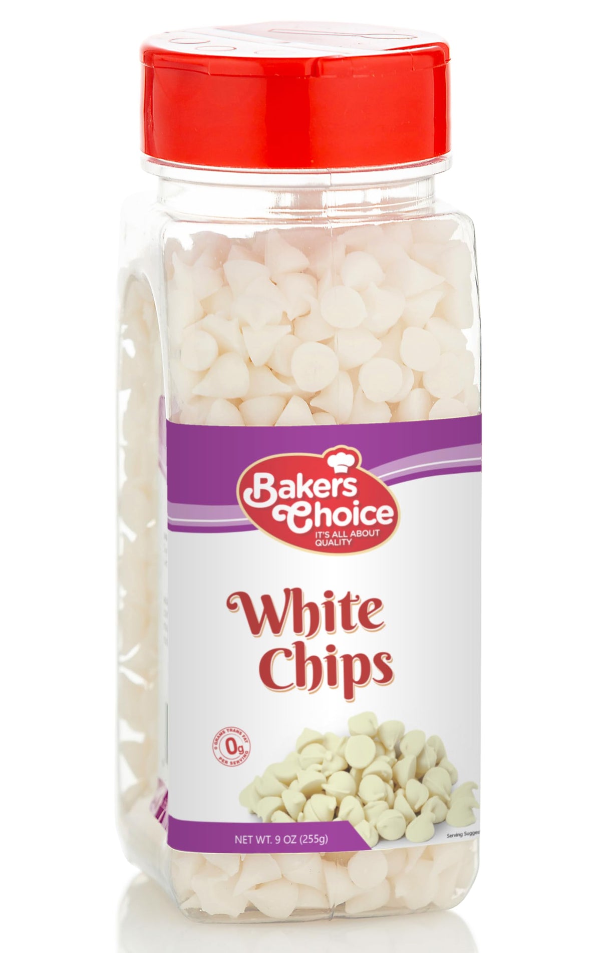 Baker's Choice white chocolate chips non-dairy 9 oz container, ideal for dairy-free baking