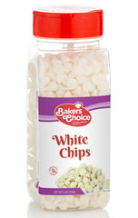 Baker's Choice white chocolate chips non-dairy 9 oz container, ideal for dairy-free baking